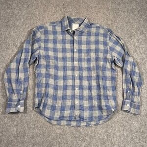 Billy Reid Blue Gray Plaid Standard Cut Button Down Shirt Men's Size‎ Large
